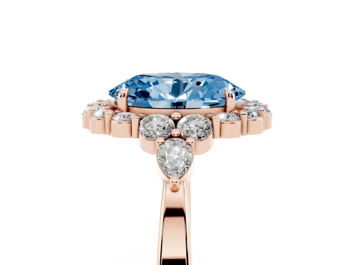Fancy Blue Oval Cut Diamond Halo Ring with Pear Side Stones and Prong Setting Rose gold