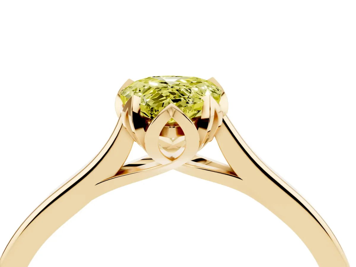 Fancy Yellow Pear Cut Diamond Solitaire Ring with Flower Prong Setting and Classic Band Yellow gold