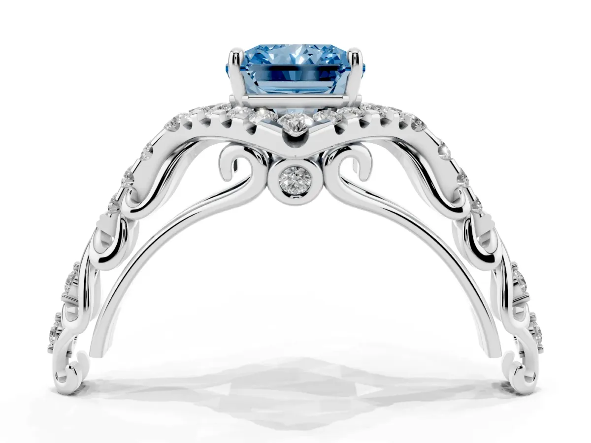 Fancy Blue Radiant Cut Diamond Solitaire Ring with Hidden Halo and Pavé Band White gold