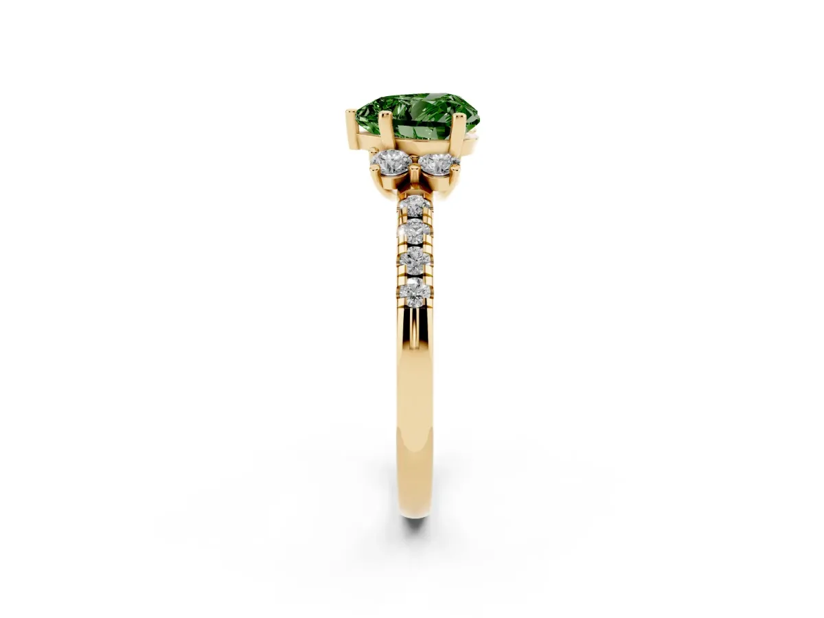 Fancy Green Heart Cut Diamond Three-Stone Pave Band with Four-Prong Setting Yellow gold