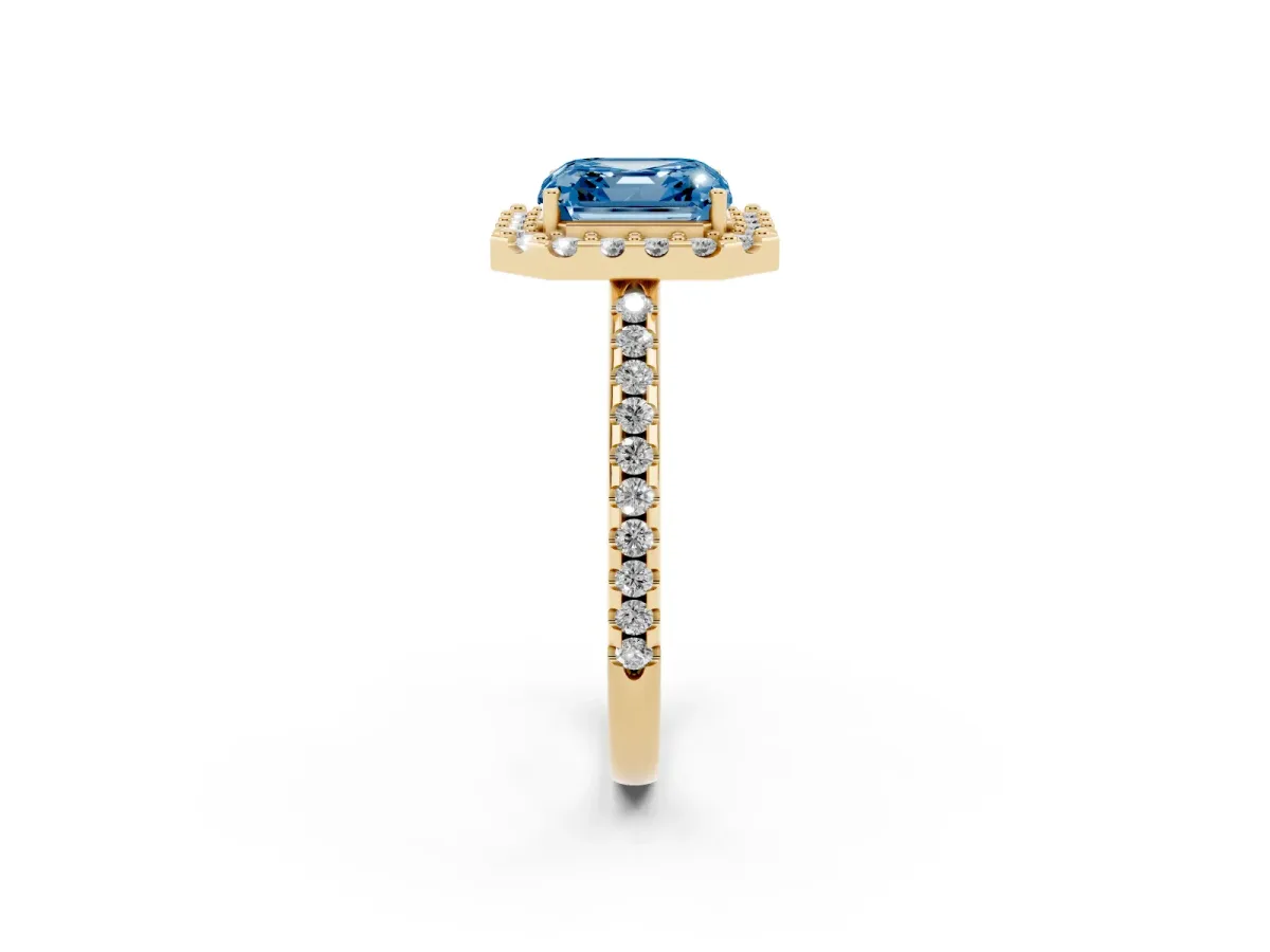 Fancy Blue Asscher Cut Diamond Pavé Halo Ring with Four-Prong Setting Yellow gold
