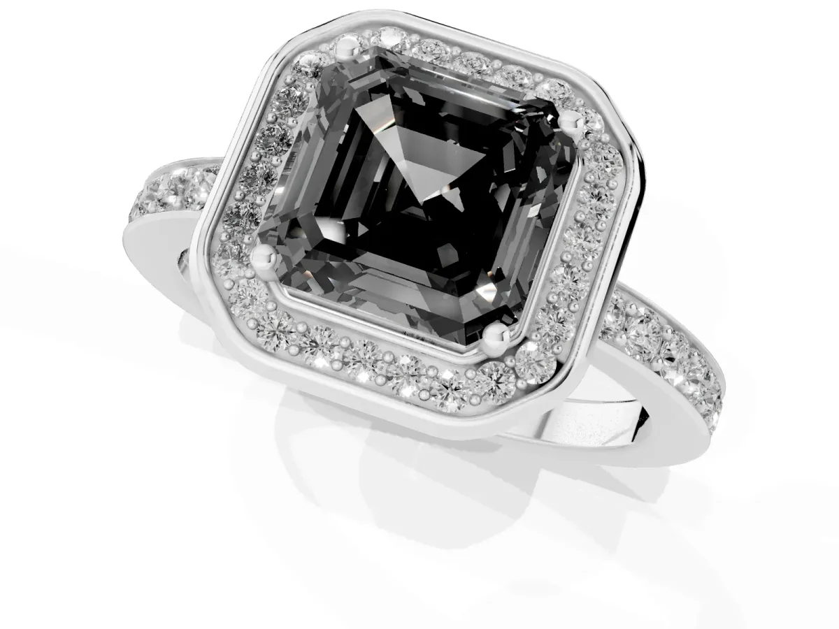 Fancy Black Asscher Cut Diamond Halo Ring with Bezel Frame and Pavé Band Silver