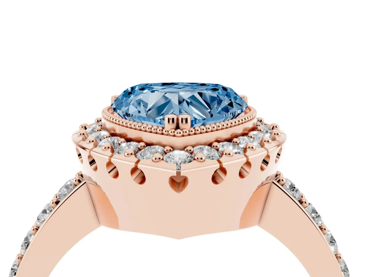 Fancy Blue Heart Cut Diamond Halo Ring with Pavé Band and Prong Setting Rose gold