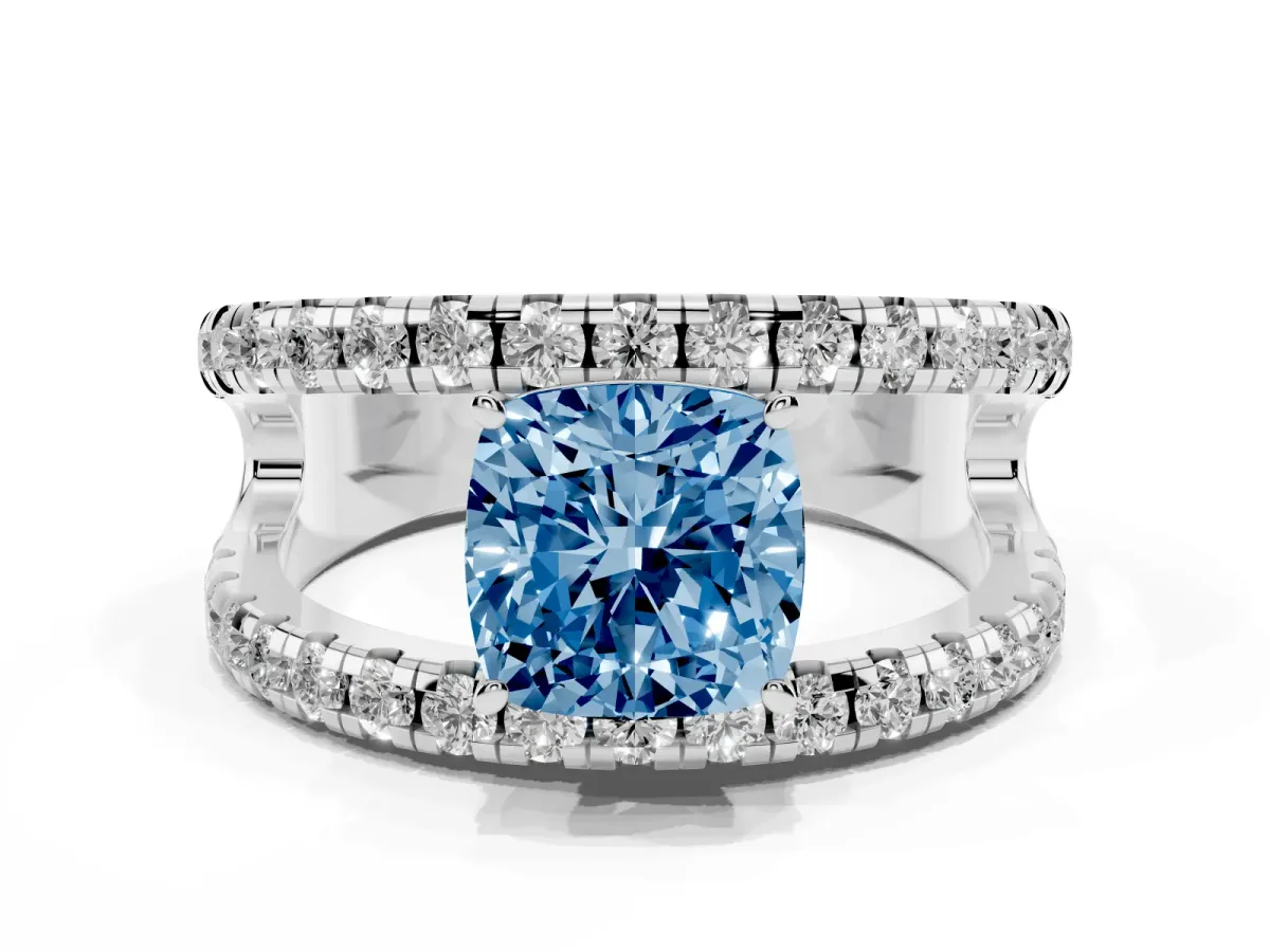 Fancy Blue Cushion Cut Solitaire Split Shank Pave Diamond Ring Platinum