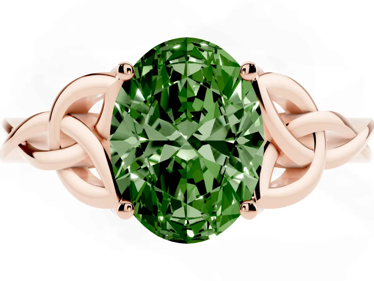 Fancy Green Oval Cut Diamond Solitaire Engagement Ring with Celtic Knot Band and Four-Prong Setting Rose gold