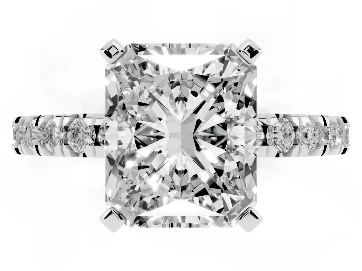 Radiant Cut Diamond Pavé Band Solitaire with Four-Prong Setting Platinum