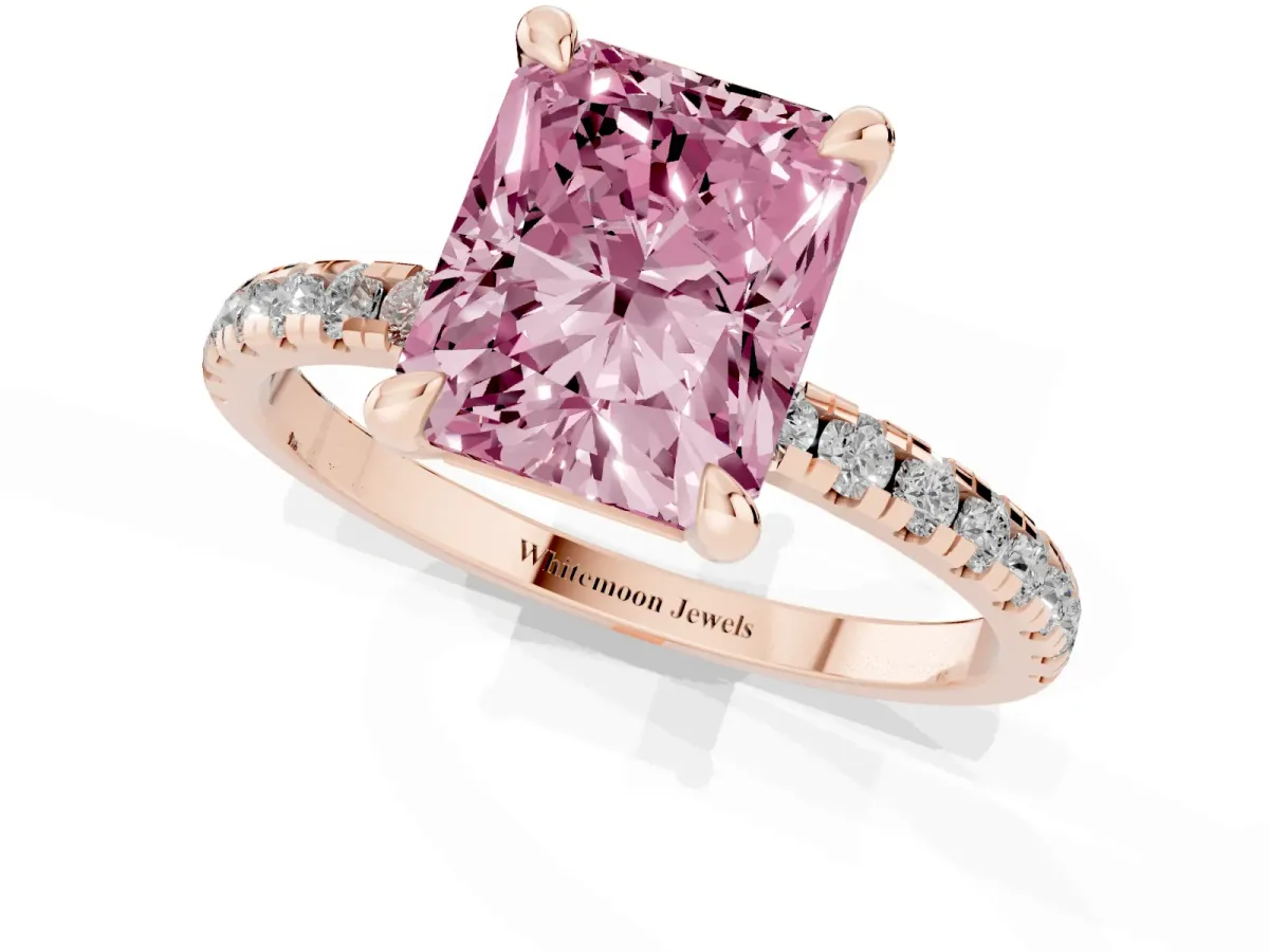 Fancy Pink Radiant Cut Diamond Brilliant Solitaire Ring with Pavé Band and Four-Prong Setting Rose gold