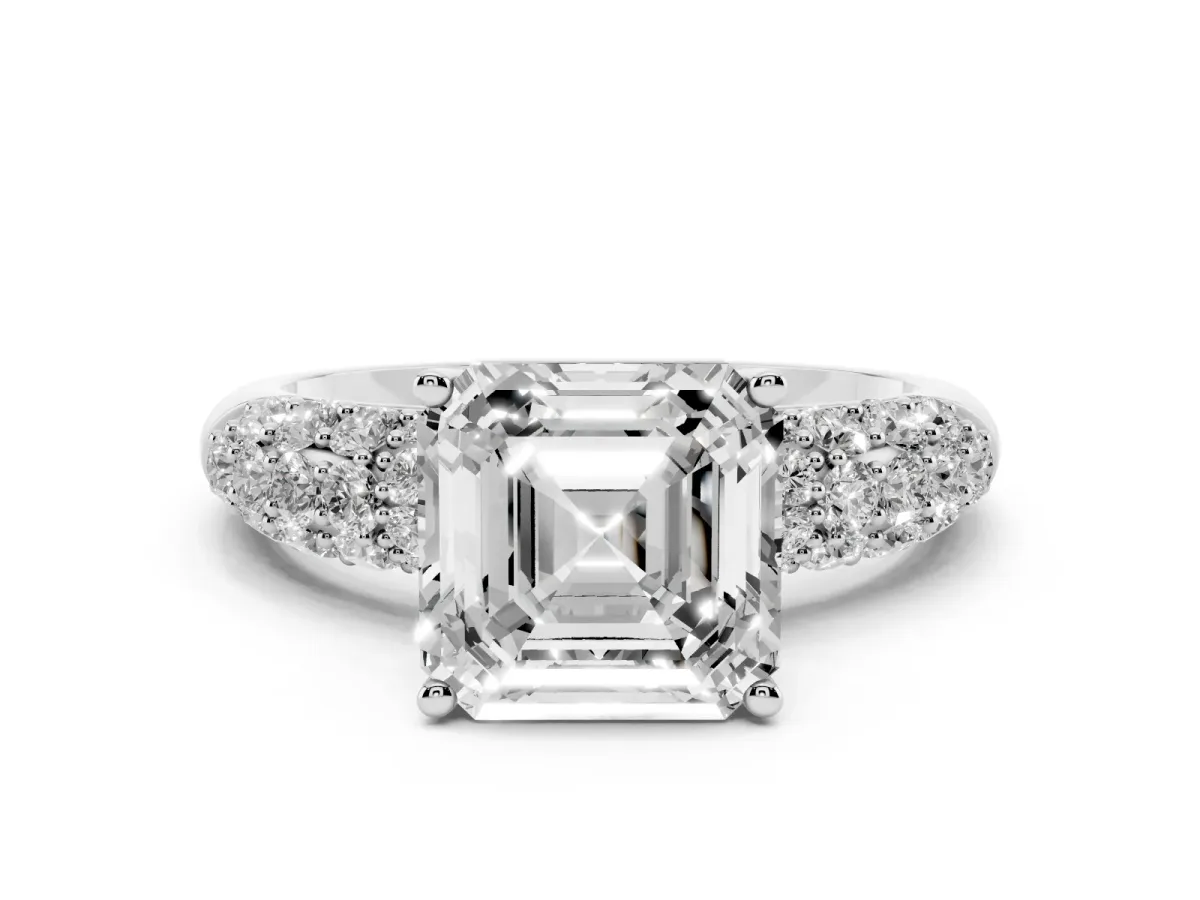 Asscher Cut Diamond Pavé Band Solitaire Ring with Four-Prong Setting Silver