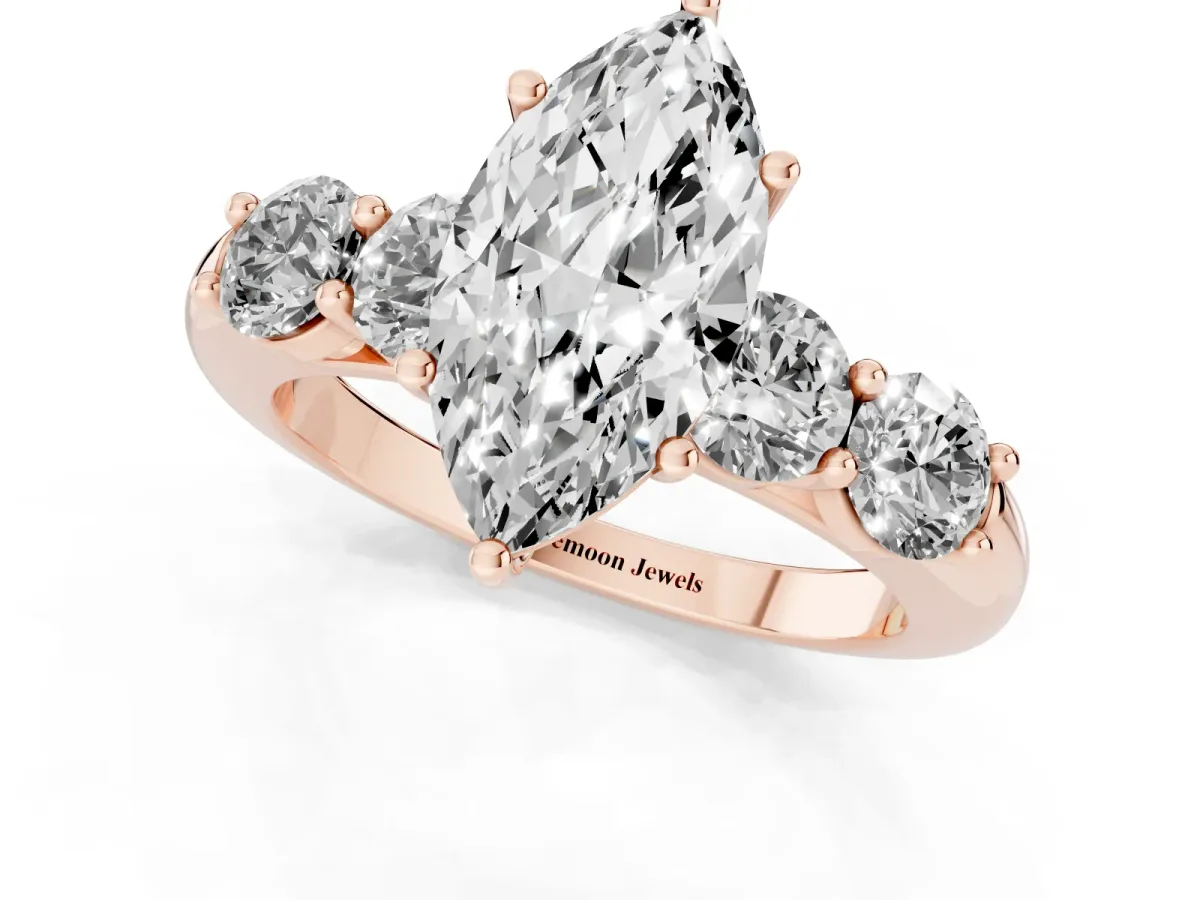 Marquise Cut Cut Five-Stone Prong Set Diamond Ring with Classic Band Rose gold