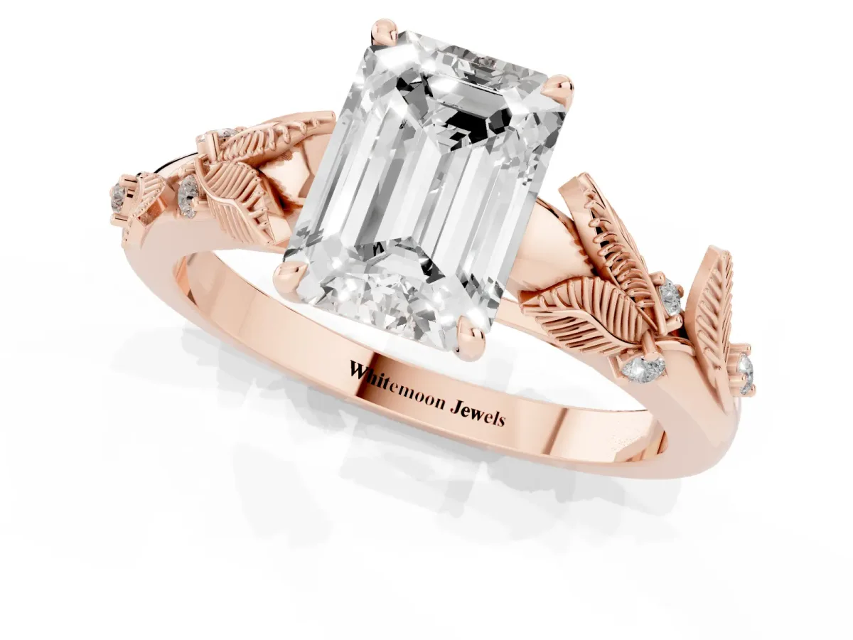 Emerald Cut Diamond Solitaire Ring with Leaf Motif Band and Four-Prong Setting Rose gold