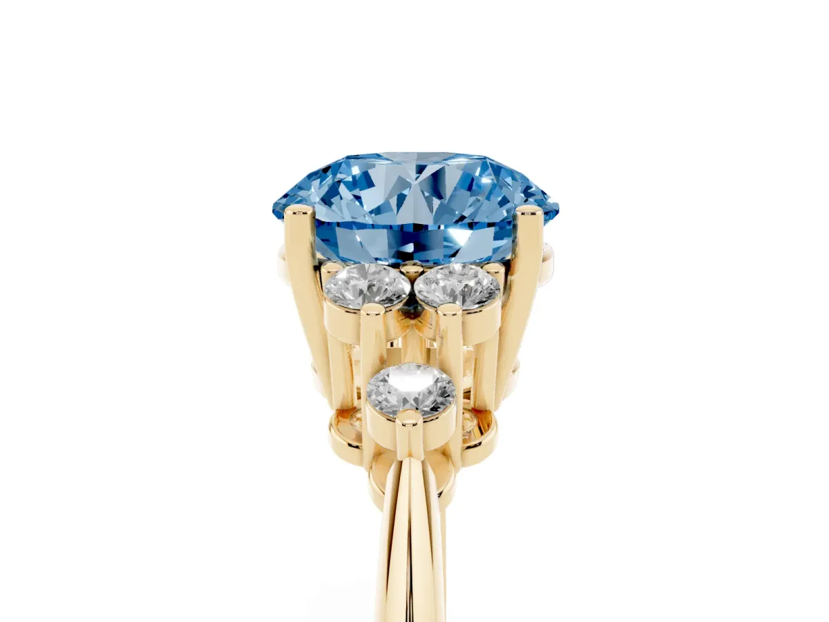 Fancy Blue Round Cut Cut Diamond Cluster Ring with Solitaire Band and Four-Prong Setting Yellow gold