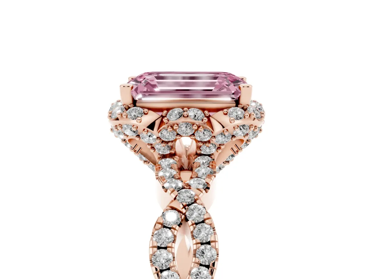 Fancy Pink Emerald Cut Halo Twist Band Solitaire Ring with Six-Prong Setting Rose gold