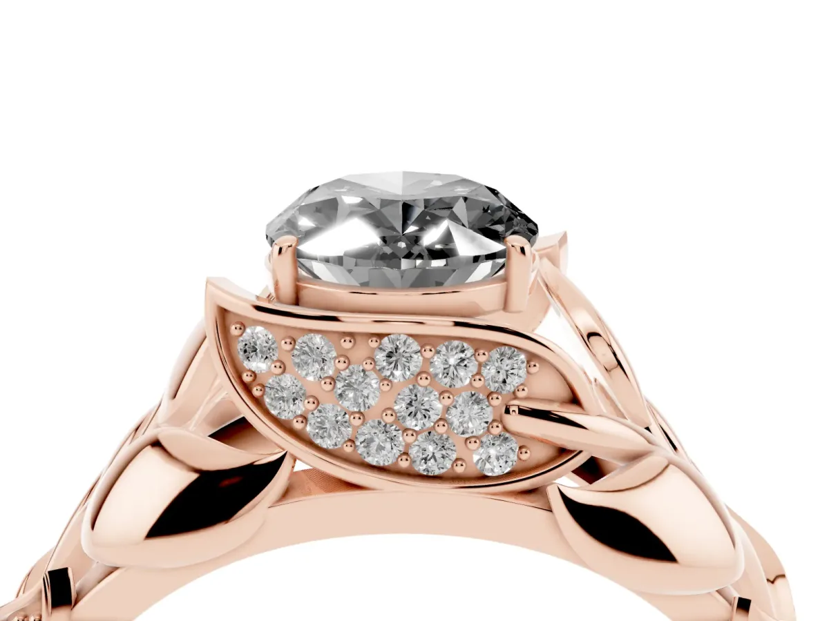 Fancy Black Oval Cut Diamond Leaf-Inspired Engagement Ring with Round Accents and Prong Setting Rose gold