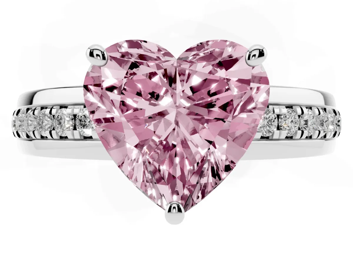 Fancy Pink Heart Cut Solitaire Diamond Ring with Channel Set Band and Six-Prong Setting Silver