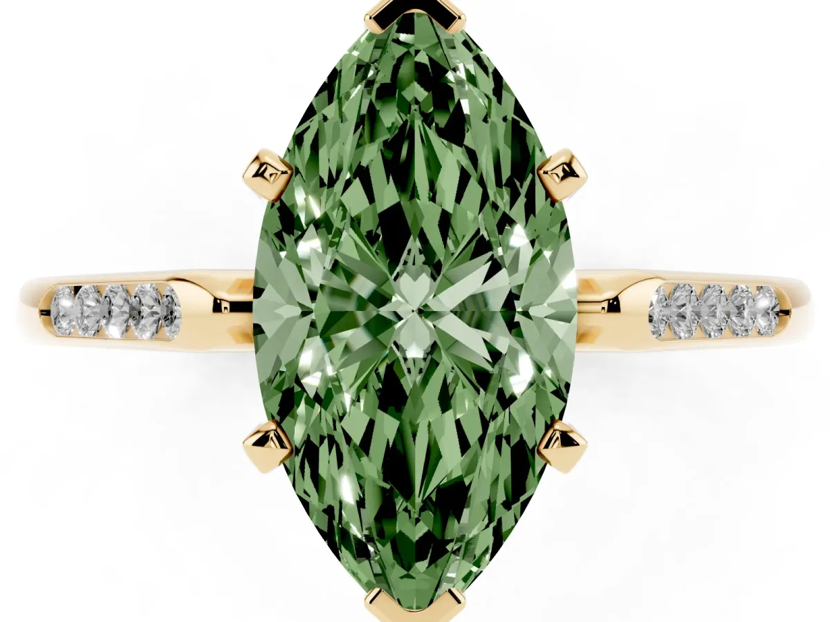 Fancy Green Marquise Cut Diamond Solitaire Ring with Channel Set Round Band and Prong Setting Yellow gold