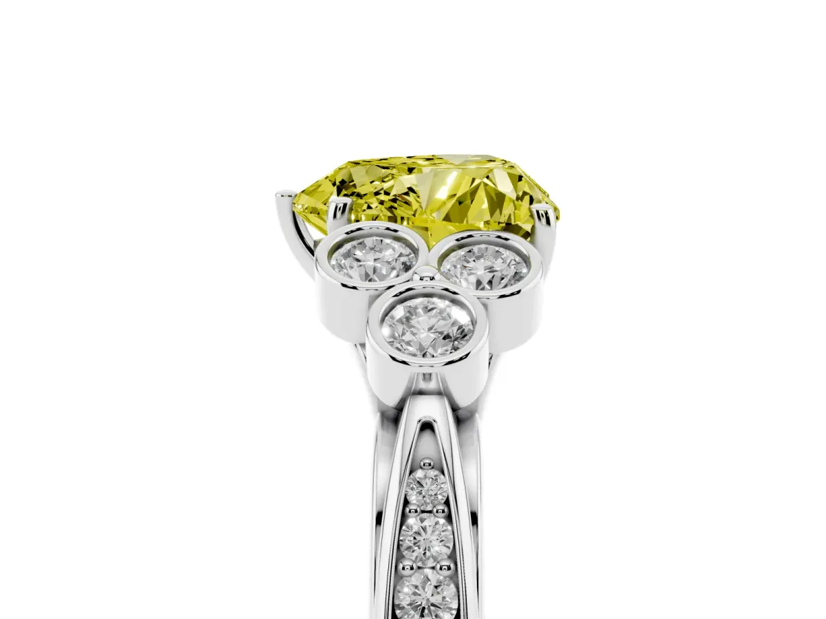 Fancy Yellow Heart Cut Cut Diamond Engagement Ring with Bezel Set Round Side Stones and Prong Setting White gold