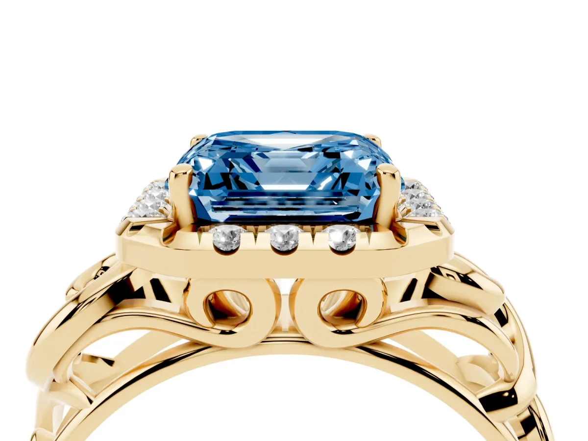 Fancy Blue Asscher Cut Cut Halo Diamond Ring with Scrollwork Band and Four-Prong Setting Yellow gold