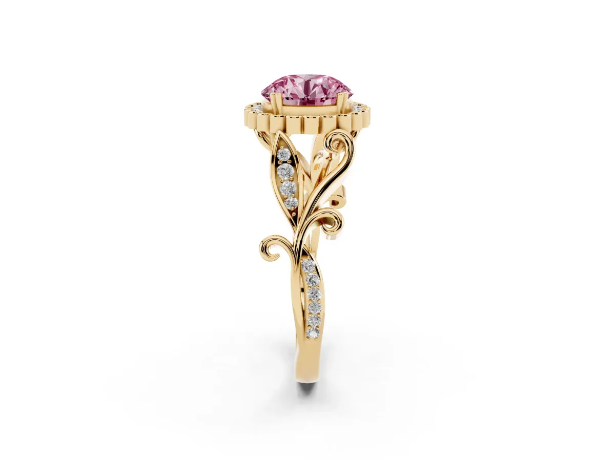 Fancy Pink Round Cut Diamond Halo Ring with Vintage Split Shank and Four-Prong Setting Yellow gold
