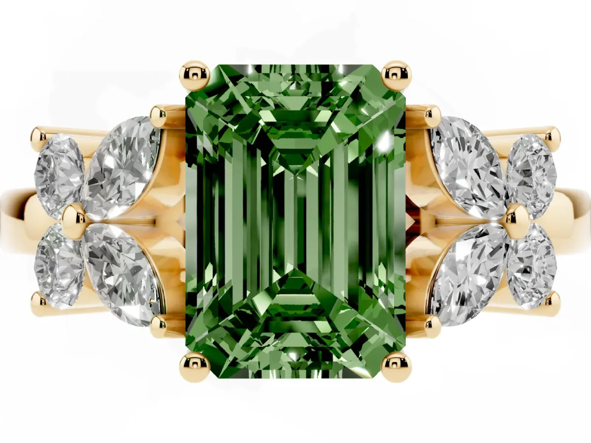 Fancy Green Emerald Cut Diamond Floral Cluster Ring with Solitaire Band and Prong Setting Yellow gold