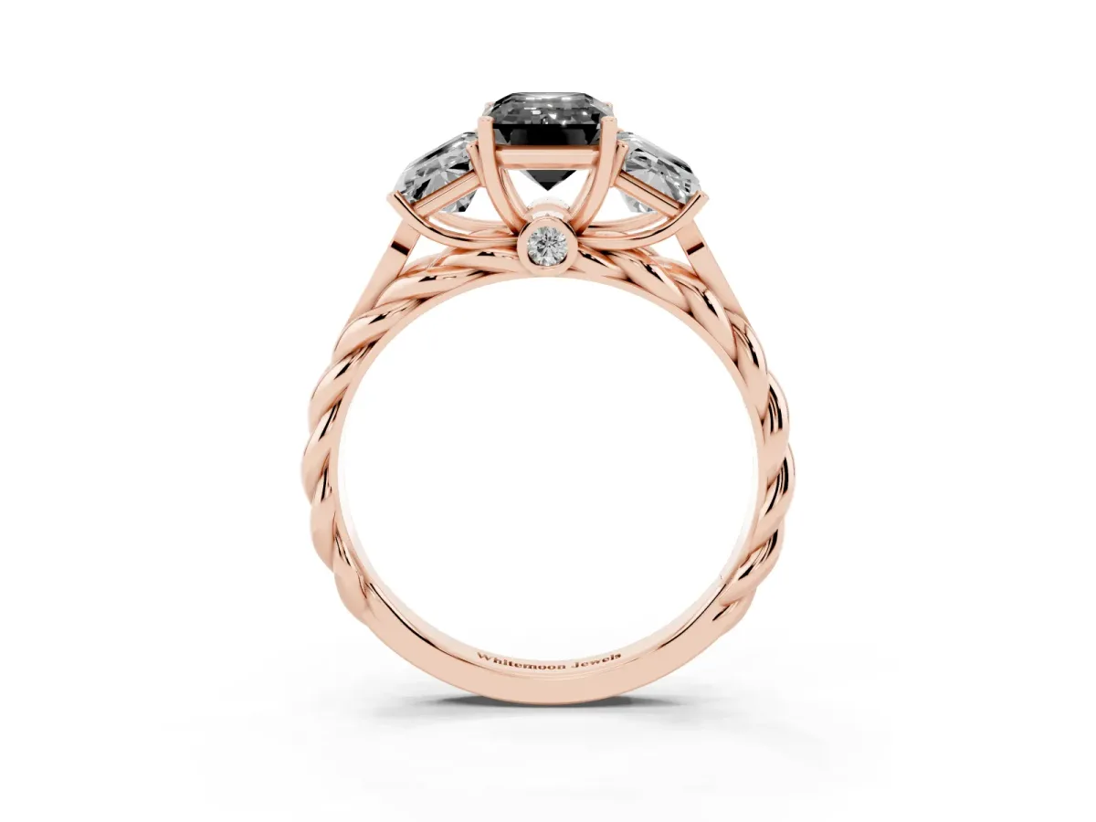 Fancy Black Three-Stone Radiant Cut Diamond Braided Band Ring with Four-Prong Setting Rose gold