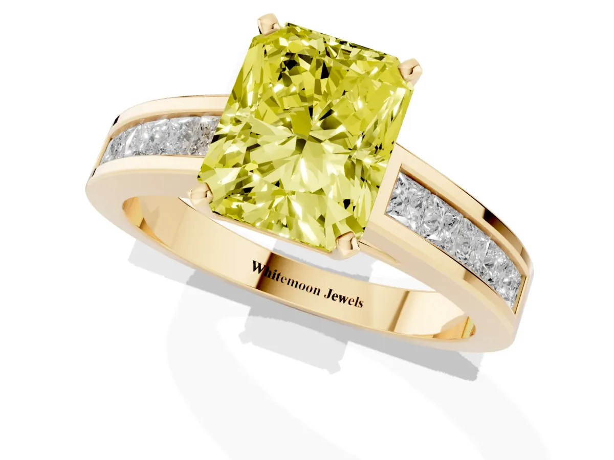 Fancy Yellow Radiant Cut Solitaire Diamond Ring with Channel-Set Band and Four-Prong Setting Yellow gold
