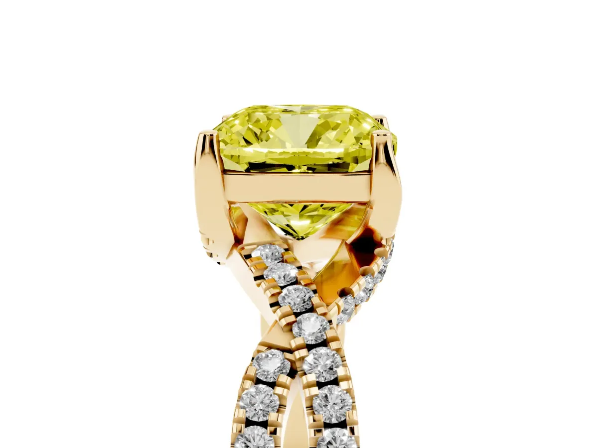 Fancy Yellow Cushion Cut Solitaire Twist Pave Diamond Engagement Ring with Prong Setting Yellow gold