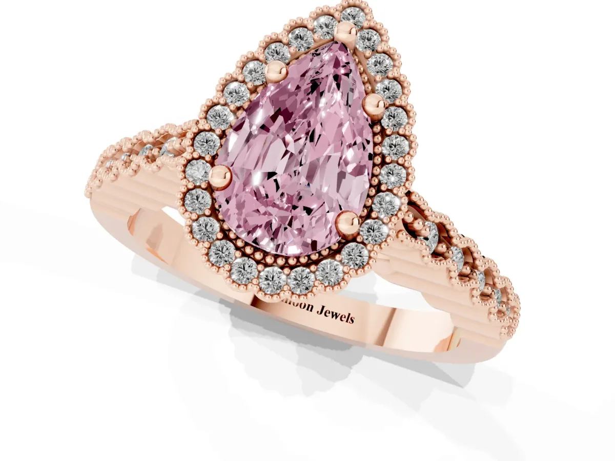 Fancy Pink Pear Cut Cut Halo Pavé Solitaire Ring with Milgrain Band Rose gold