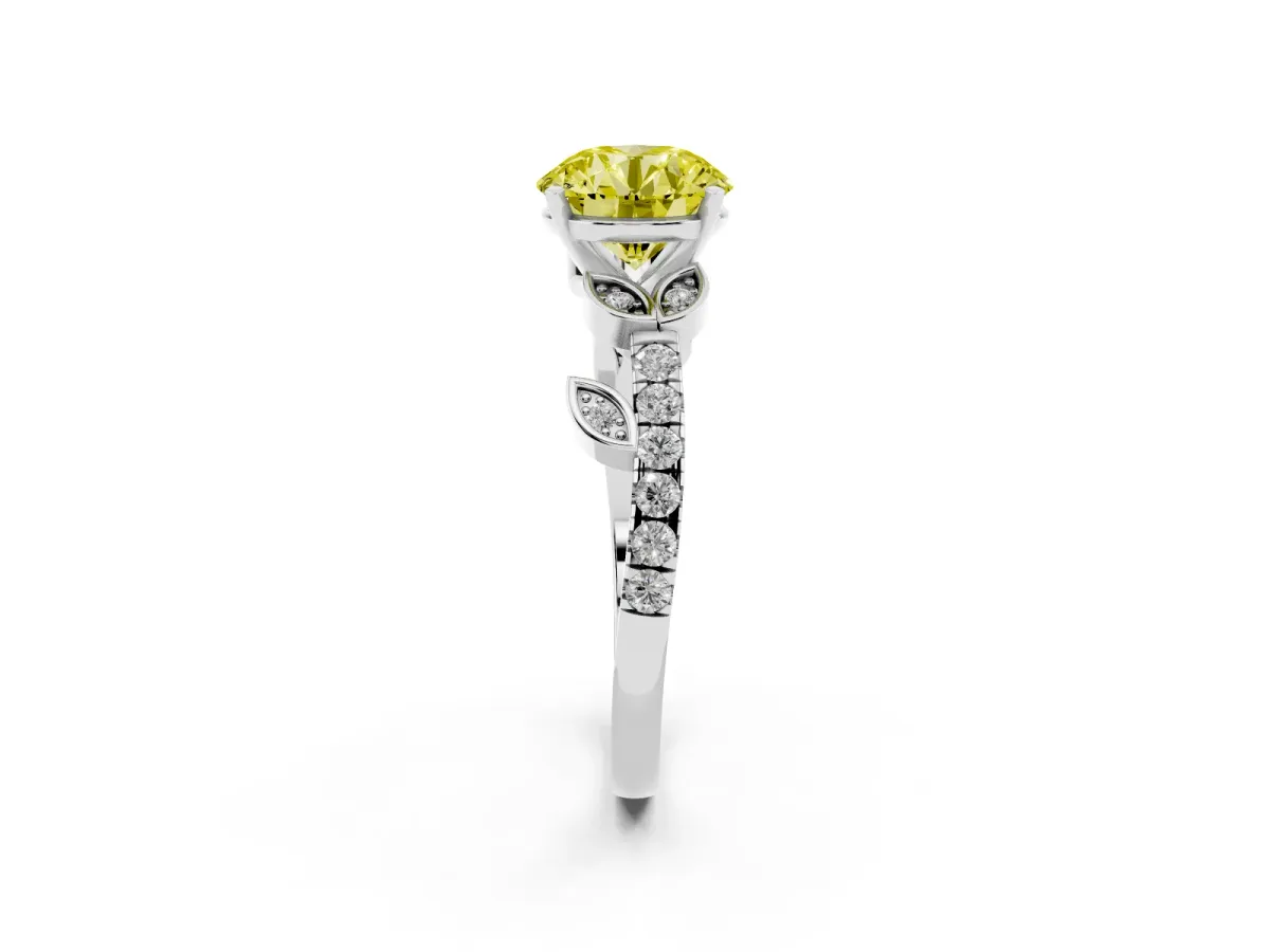Fancy Yellow Round Cut Solitaire Leaf-Inspired Diamond Ring with Pavé Band and Four-Prong Setting Silver
