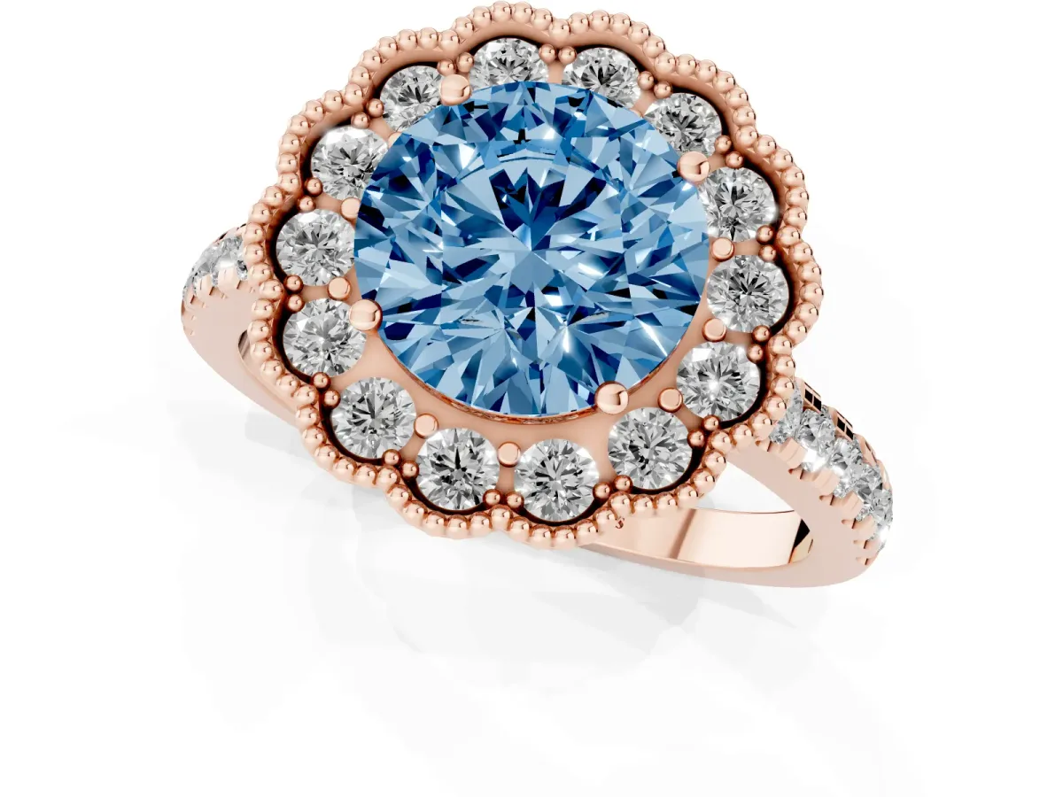 Fancy Blue Round Cut Cut Diamond Milgrain Floral Halo Engagement Ring with Pavé Band Rose gold