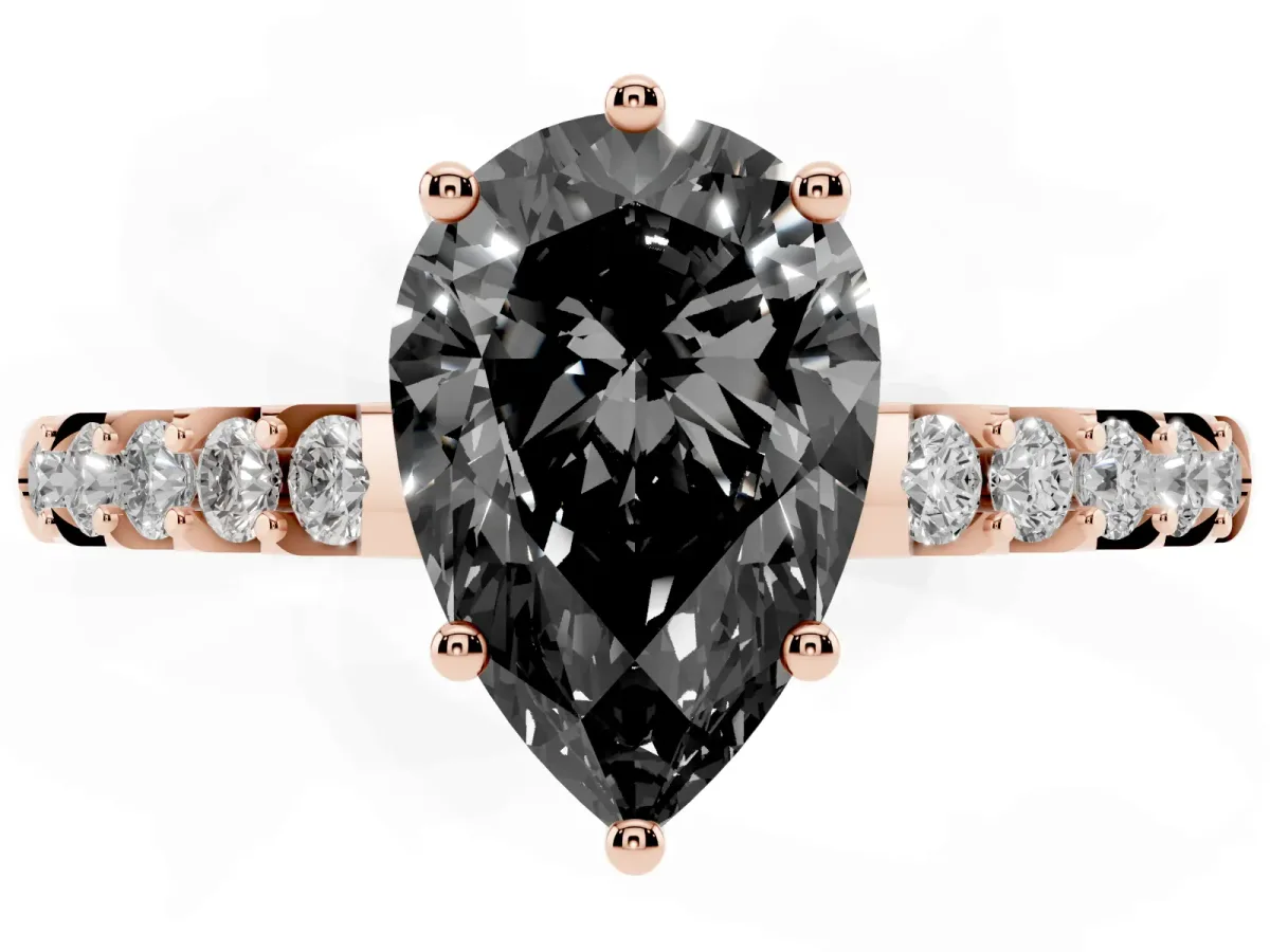 Fancy Black Pear Cut Solitaire Diamond Engagement Ring with Pavé Band and Six-Prong Setting Rose gold