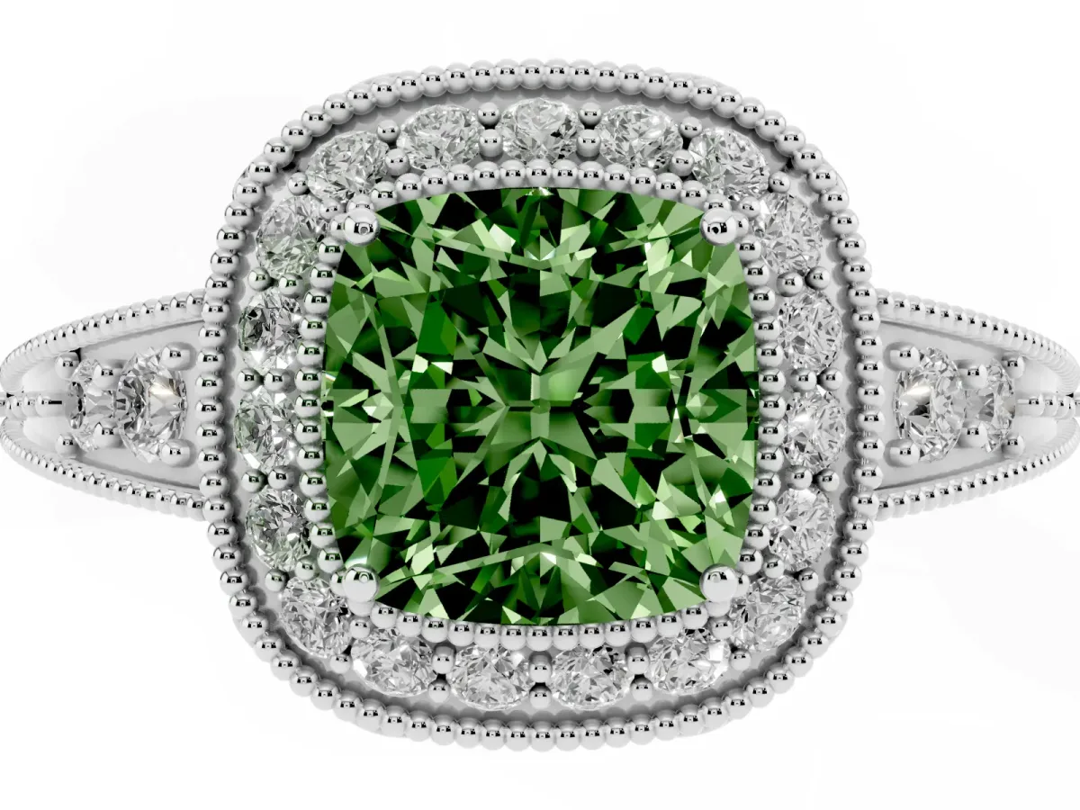 Fancy Green Cushion Cut Halo Diamond Split Shank Ring with Milgrain Detail Platinum
