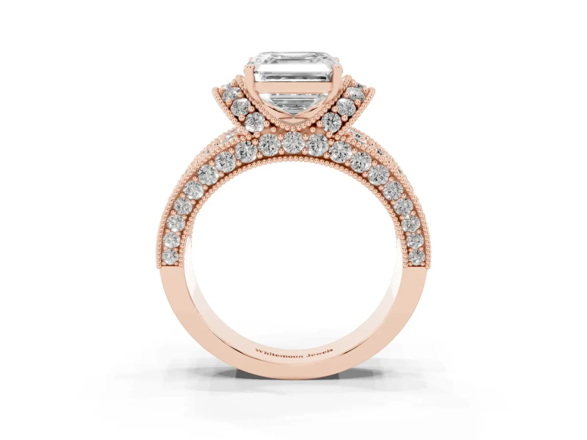 Asscher Cut Halo Pave Diamond Engagement Ring with Milgrain Detailing Rose gold
