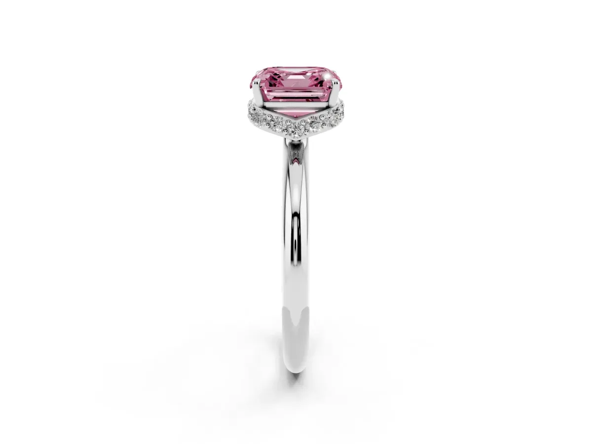 Fancy Pink Asscher Cut Brilliant Solitaire Engagement Ring with Six-Prong Setting and Classic Band Silver