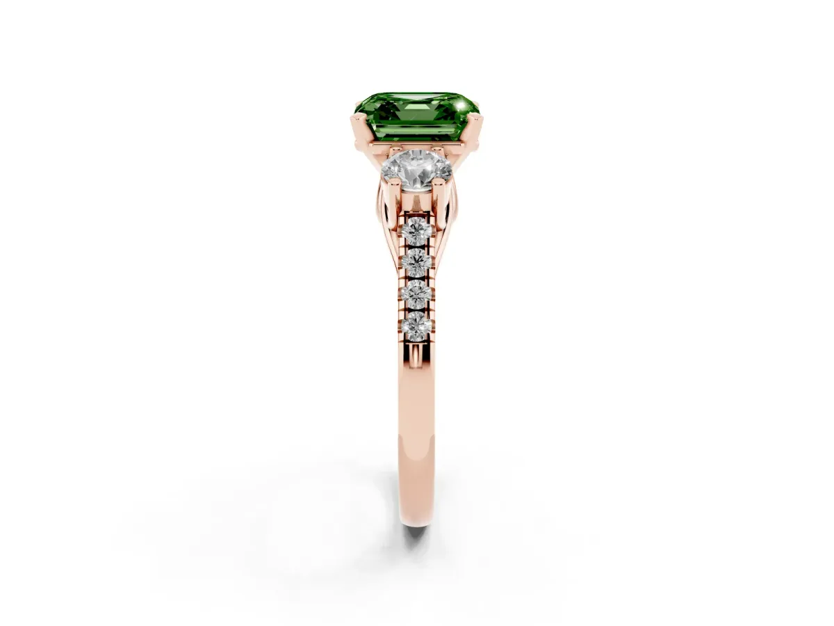 Fancy Green Three-Stone Asscher Cut Diamond Pavé Band with Four-Prong Setting Rose gold