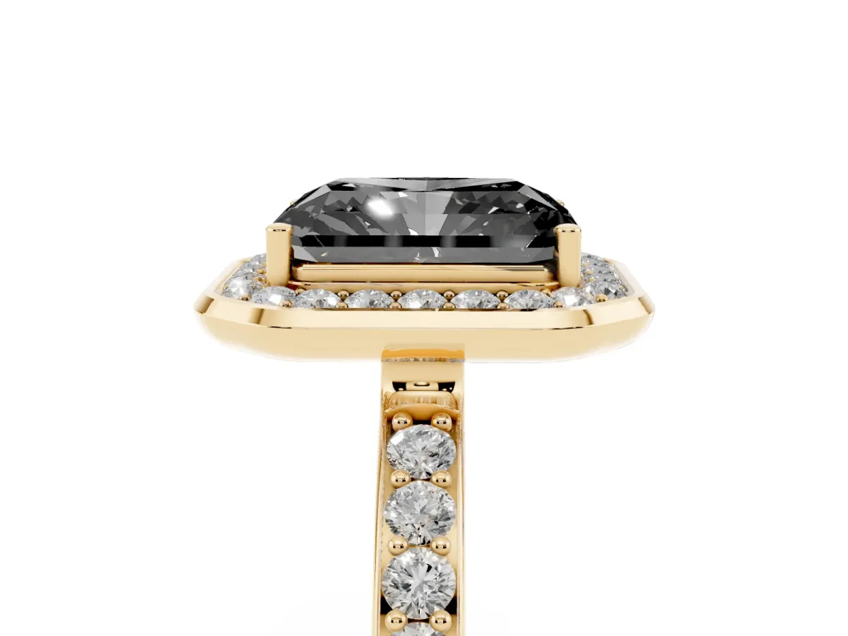 Fancy Black Radiant Cut Diamond Halo Ring with Bezel Frame and Pavé Band Yellow gold