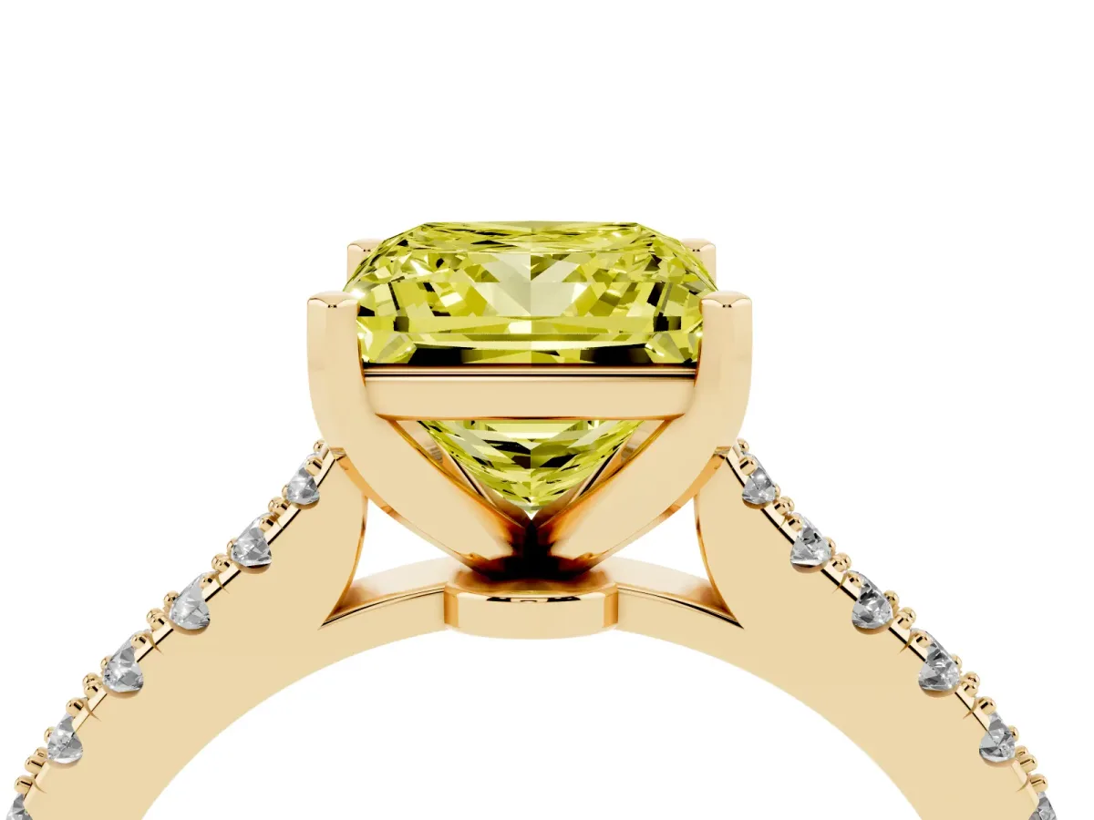 Fancy Yellow Princess Cut Cut Solitaire Diamond Engagement Ring with Pave Band and Four-Prong Setting Yellow gold