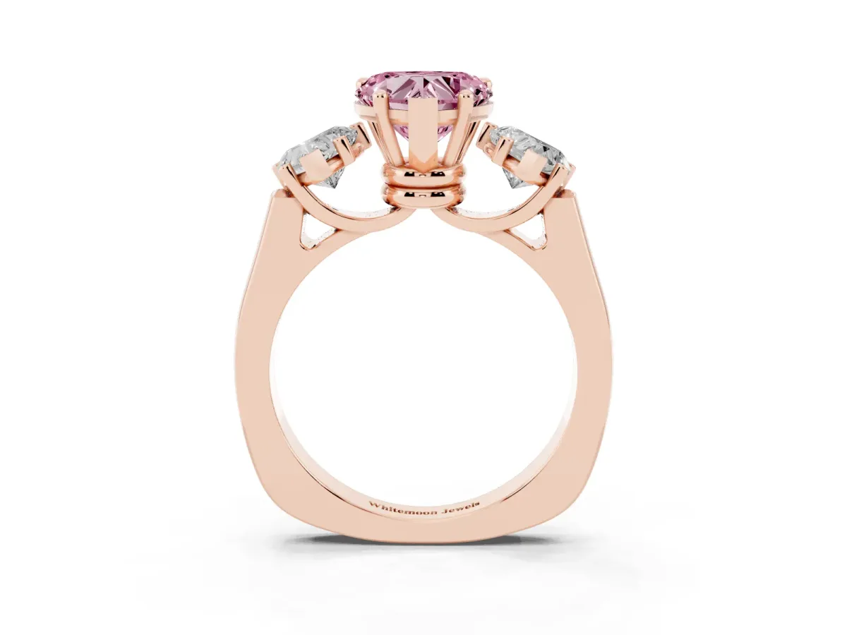 Fancy Pink Three-Stone Heart Cut Brilliant Diamond Trellis Ring with Comfort Fit Band Rose gold