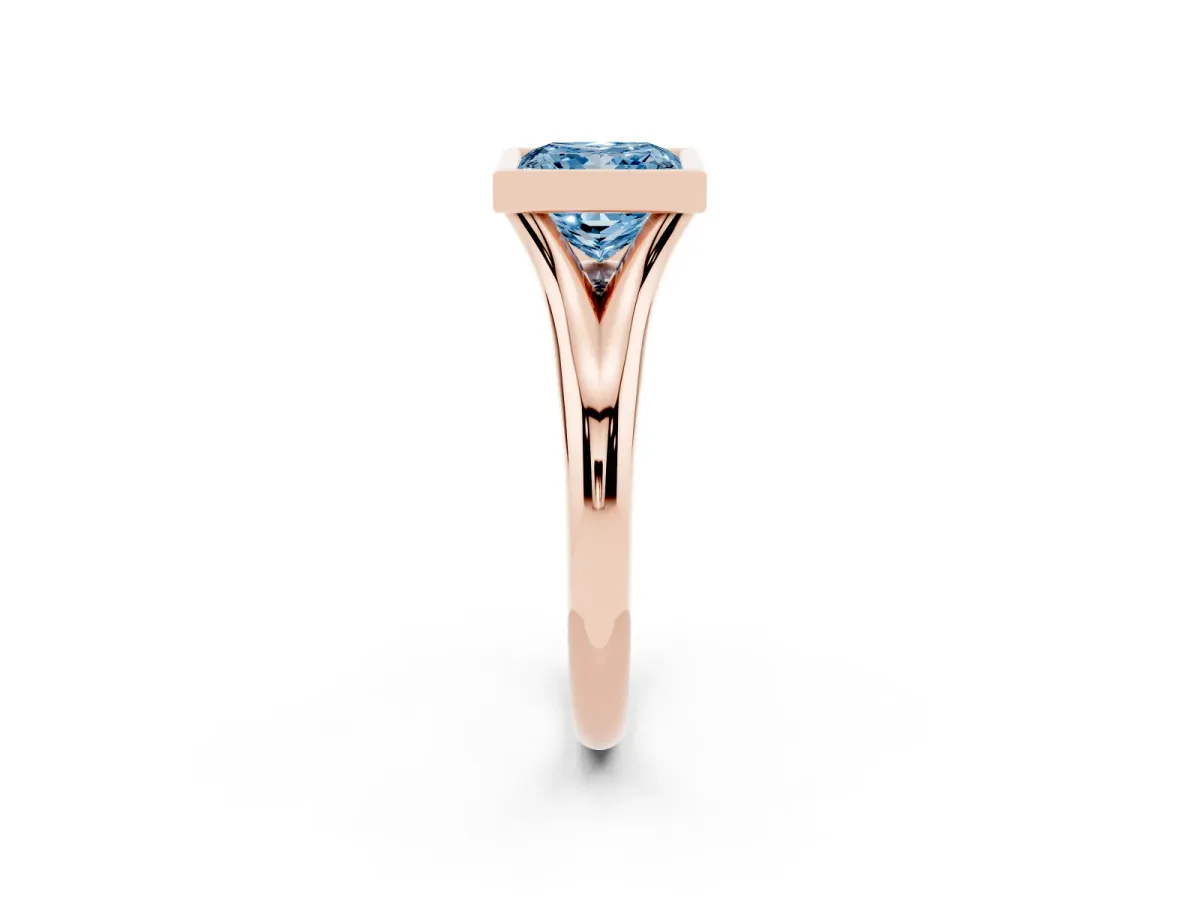 Fancy Blue Bezel Set Princess Cut Solitaire Diamond Ring with Smooth Band Rose gold