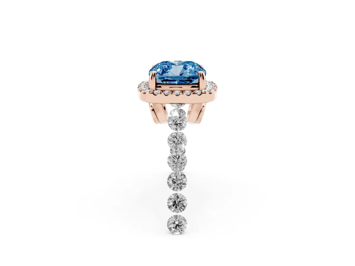Fancy Blue Cushion Cut Halo Pavé Diamond Engagement Ring with Four-Prong Setting Rose gold