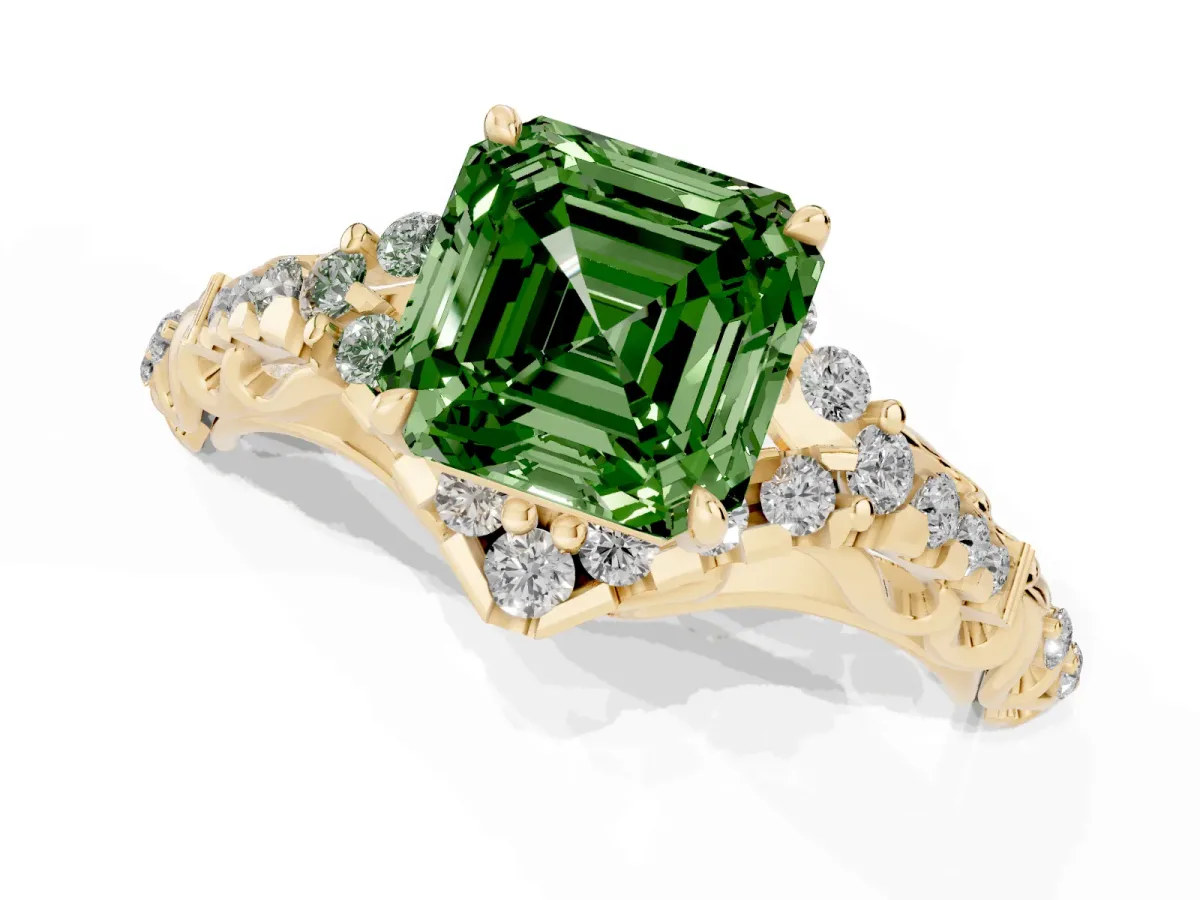 Fancy Green Asscher Cut Diamond Solitaire Ring with Hidden Halo and Pavé Band Yellow gold