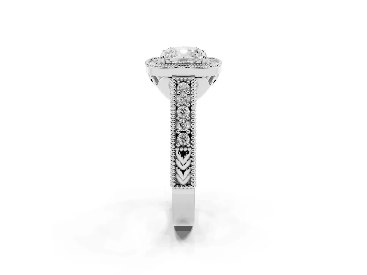 Cushion Cut Cut Halo Diamond Ring with Pavé Band and Four-Prong Setting Silver