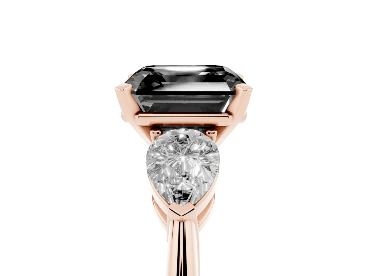 Fancy Black Three-Stone Asscher Cut Diamond Ring with Pear Side Stones and Four-Prong Setting Rose gold