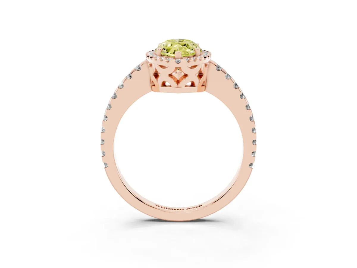 Fancy Yellow Marquise Cut Diamond Halo Engagement Ring with Pavé Band and Prong Setting Rose gold
