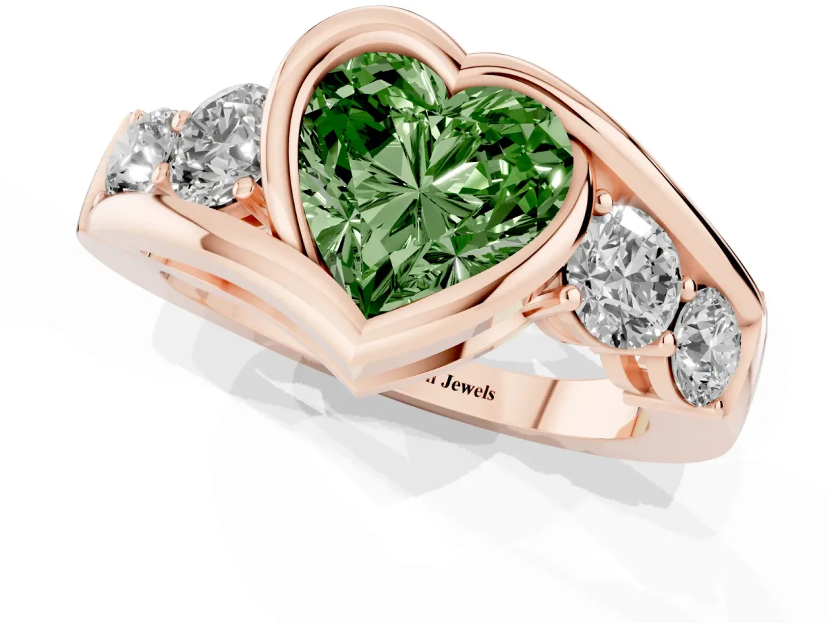 Fancy Green Bezel Set Heart Cut Diamond Bypass Ring with Round Accents Rose gold