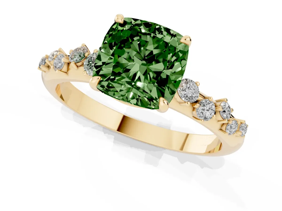 Fancy Green Cushion Cut Diamond Cluster Prong-Set Solitaire Ring Yellow gold