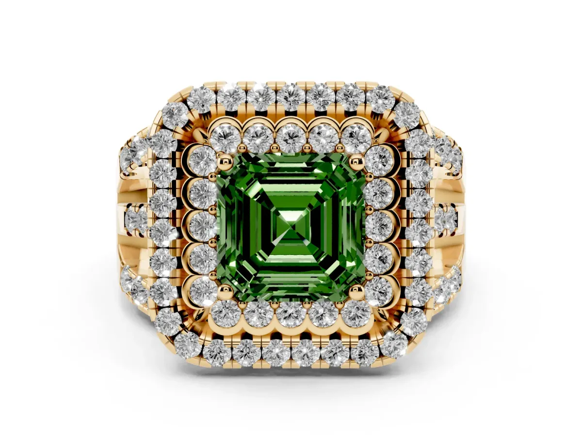 Fancy Green Asscher Cut Diamond Double Halo Ring with Round Pavé Split Shank and Prong Setting Yellow gold