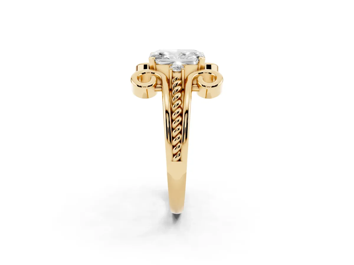 Radiant Cut Solitaire Twisted Band Scroll Prong Ring Yellow gold