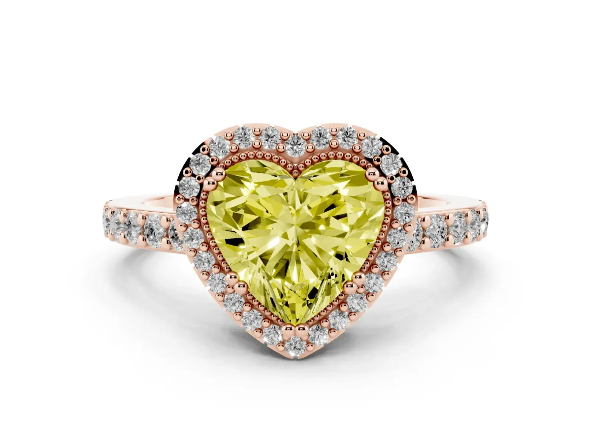 Fancy Yellow Heart Cut Cut Diamond Halo Engagement Ring with Milgrain Detail and Pavé Band Rose gold