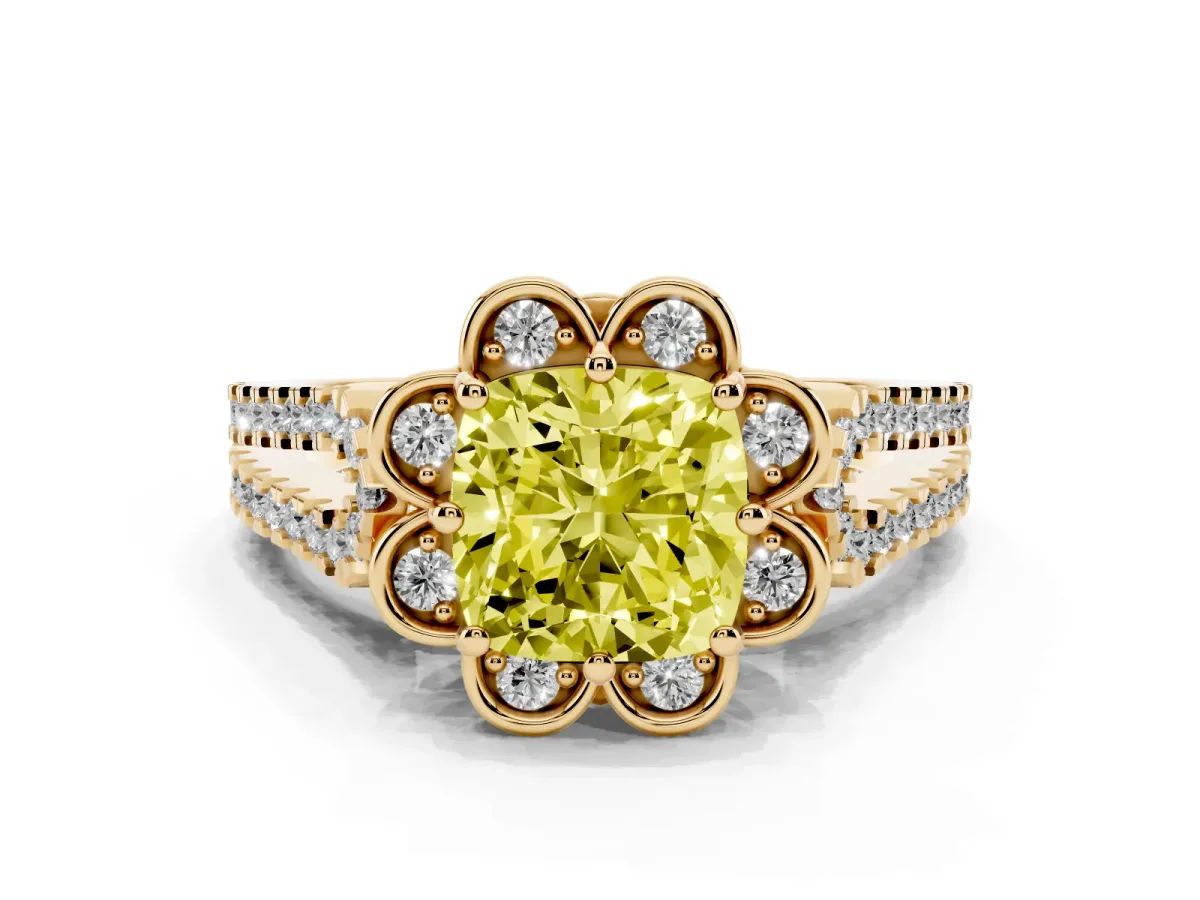 Fancy Yellow Cushion Cut Halo Diamond Floral Split Shank Engagement Ring Yellow gold