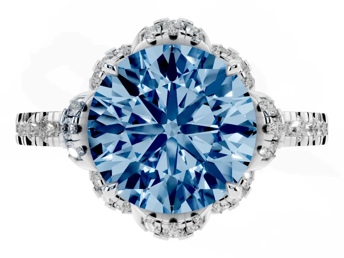 Fancy Blue Round Cut Diamond Halo Pave Band with Four-Prong Setting White gold